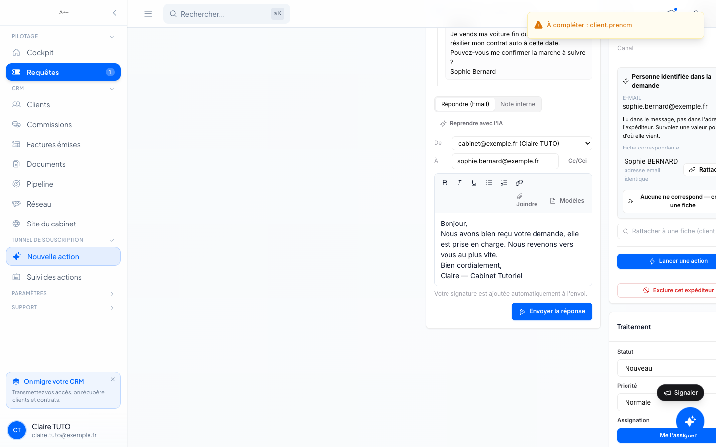 Une réponse préparée par Aeliam dans la requête du client, prête à relire et à envoyer