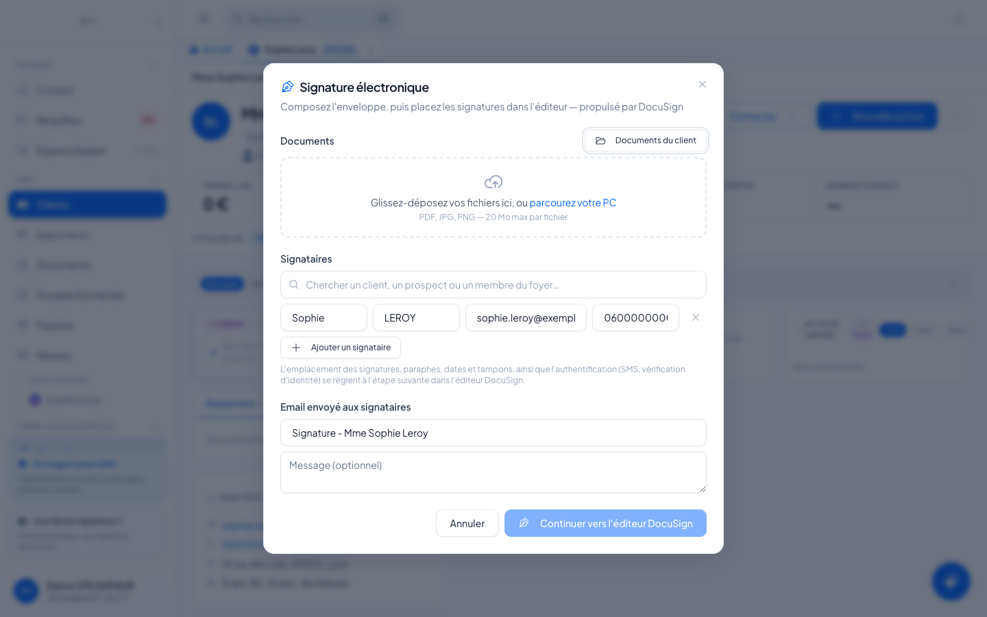 L'envoi en signature électronique depuis la fiche client dans Aeliam